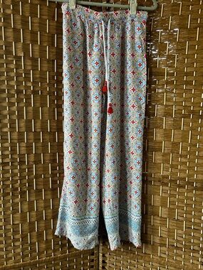 Anthropologie Boho Wide Leg Pants XS Tile Print Tassel Drawstring Flowy Beach